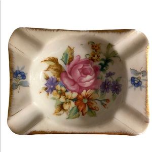 Vintage Porcelain Floral Ashtray Trinket Tray Change Dish